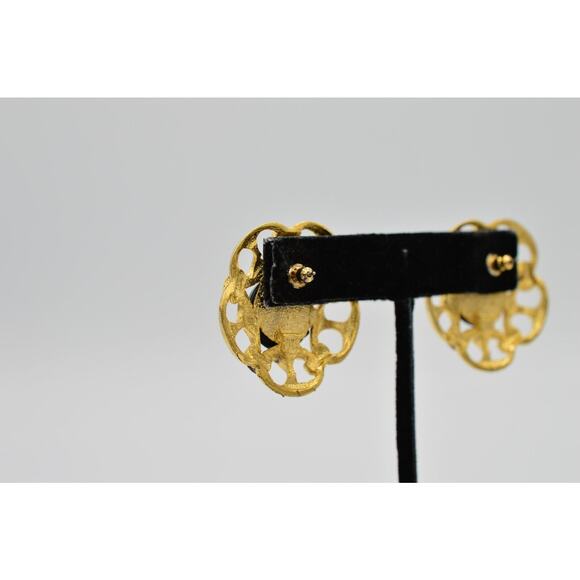 Vintage Cabochon Earrings Chain Link Round Gold Black Beaded Chunky NOS 1980s 9H - Picture 7 of 9